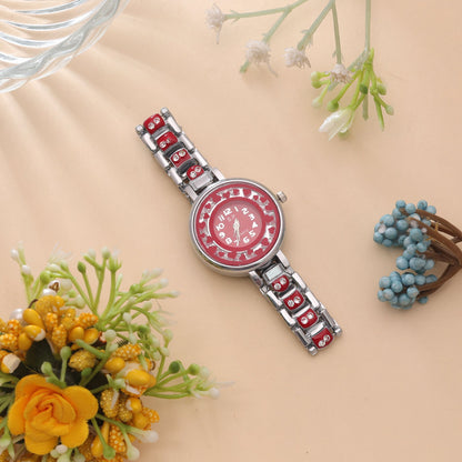Red Color Silver Plated Watch For Girls & Women with Stylish Modern Fashion Look
