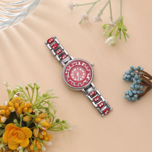 Red Color Silver Plated Watch For Girls & Women with Stylish Modern Fashion Look