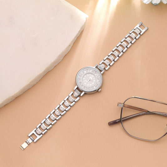 White Color Silver Plated Watch For Girls & Women Featuring Elegant Designer Appeal