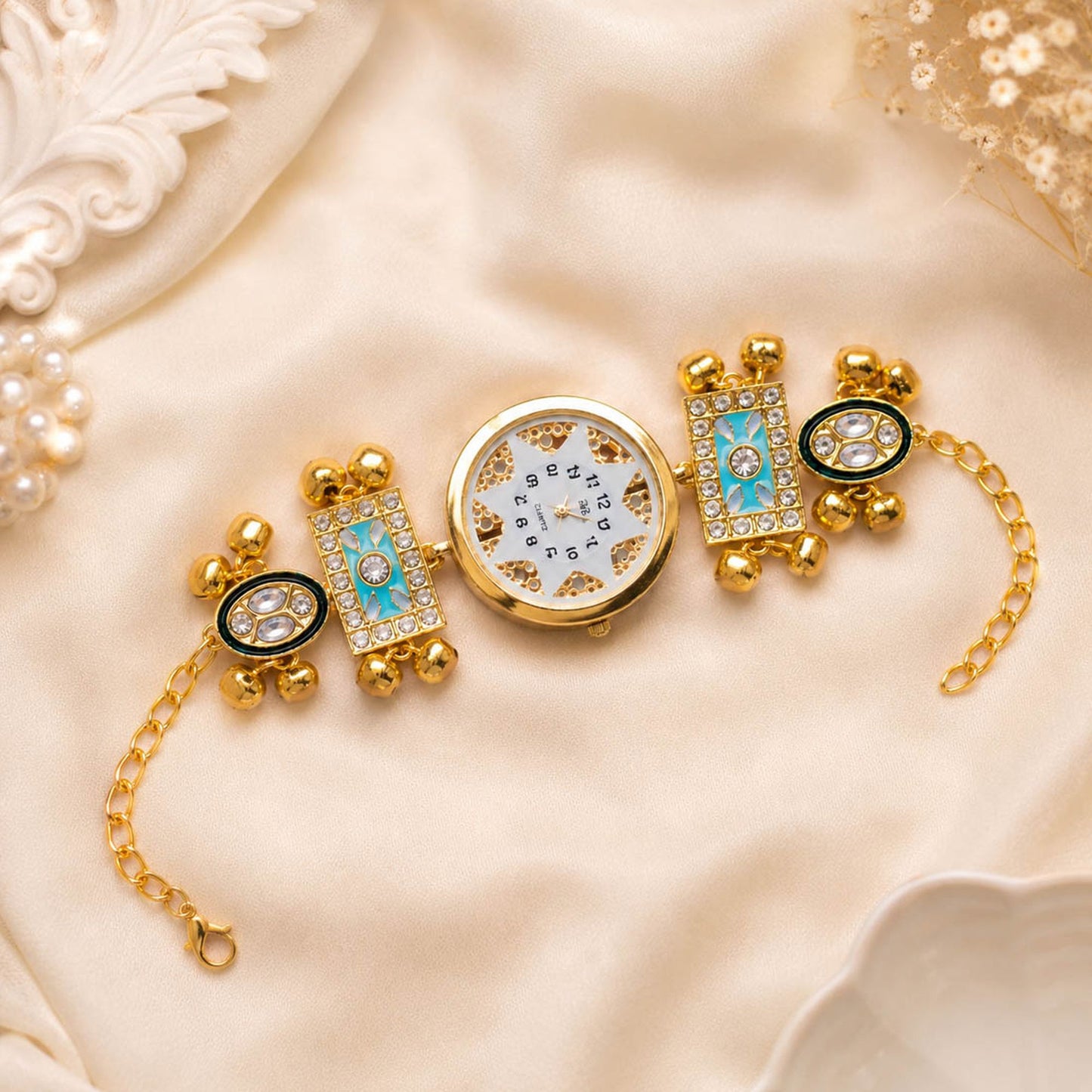 Pista Green Color Gold Plated Kashmiri Kundan Watch for Girls & Women Festive Fashion Style