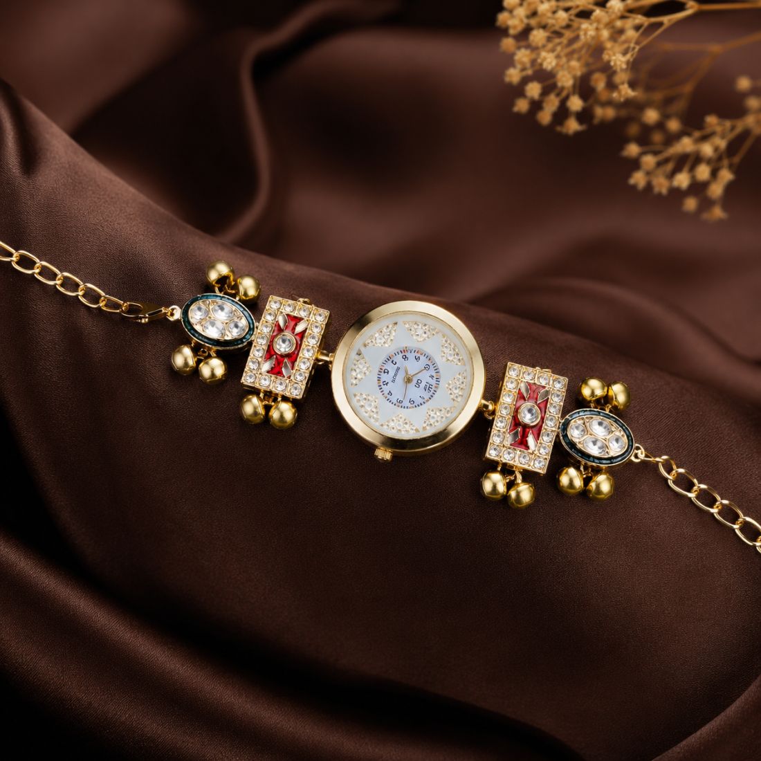Red Color Gold Plated Kashmiri Kundan Watch for Girls & Women Traditional Designer Look