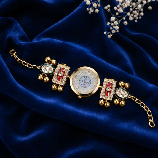 Red Color Gold Plated Kashmiri Kundan Watch for Girls & Women Traditional Designer Look