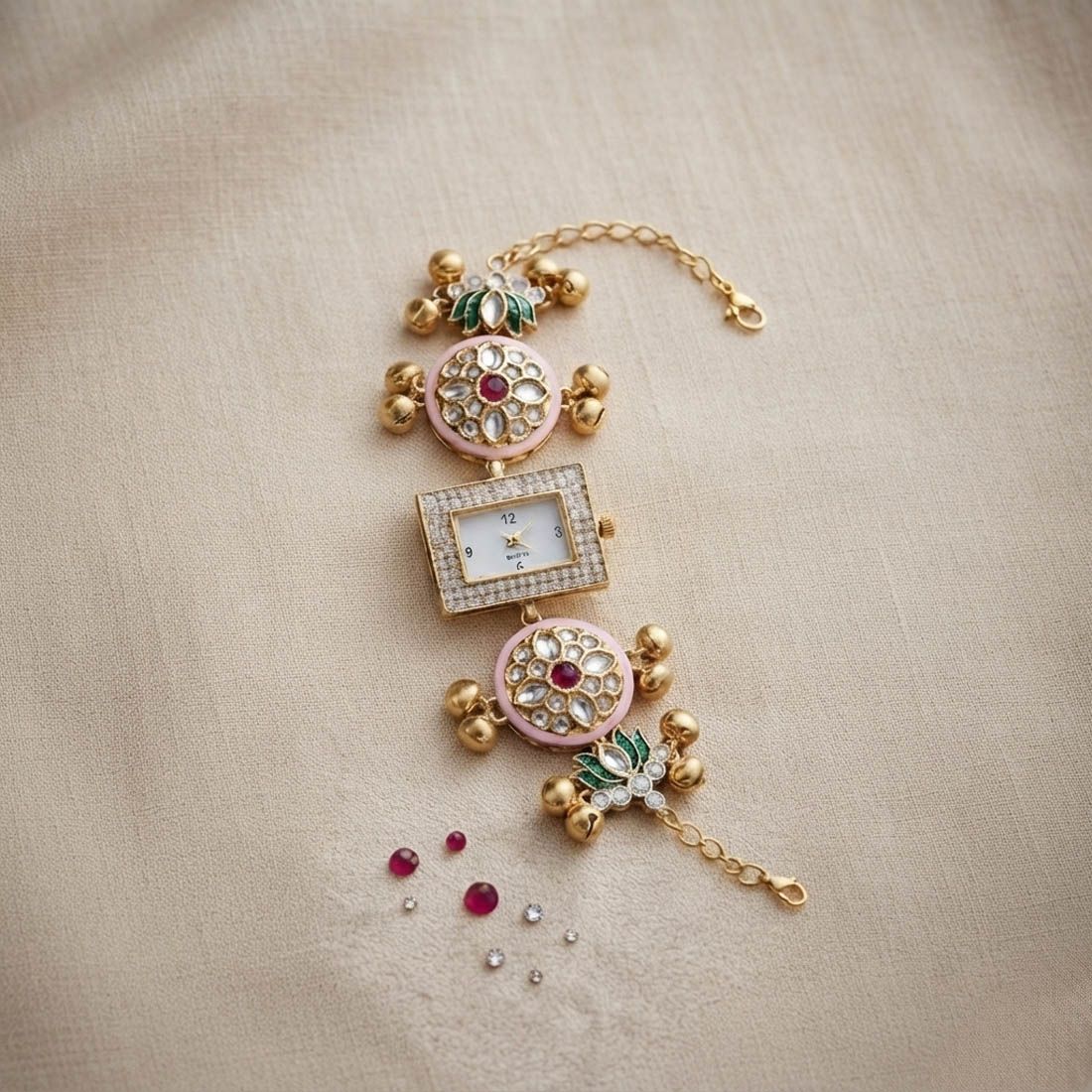 Multi Color Gold Plated Kashmiri Kundan Watch for Girls & Women Beautiful Ethnic Design