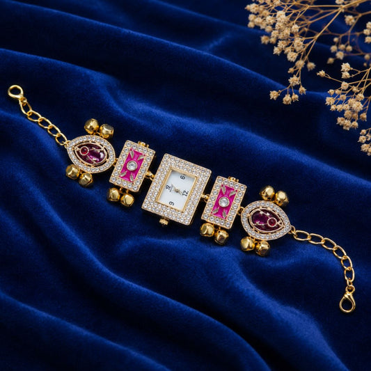 Pink Color Gold Plated Kashmiri Kundan Watch for Girls & Women Elegant Traditional Appeal