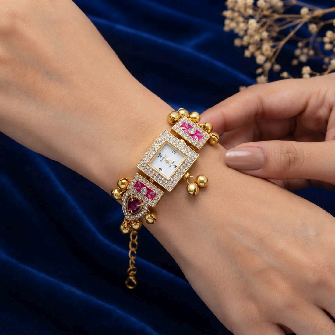 Pink Color Gold Plated Kashmiri Kundan Watch for Girls & Women Elegant Traditional Appeal