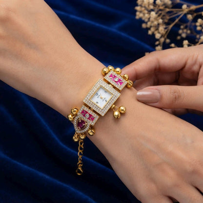 Pink Color Gold Plated Kashmiri Kundan Watch for Girls & Women Elegant Traditional Appeal