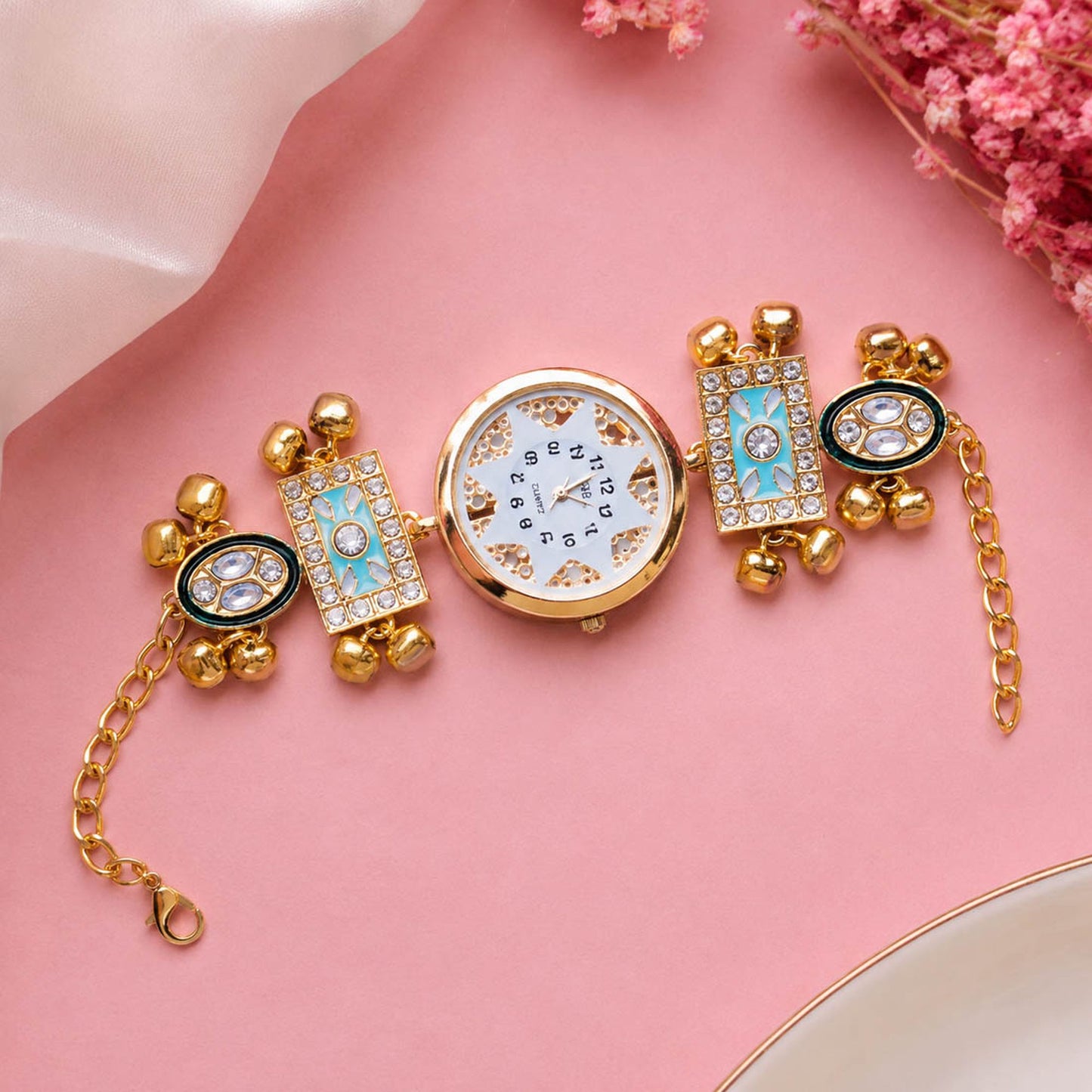 Pista Green Color Gold Plated Kashmiri Kundan Watch for Girls & Women Designer Ethnic Style