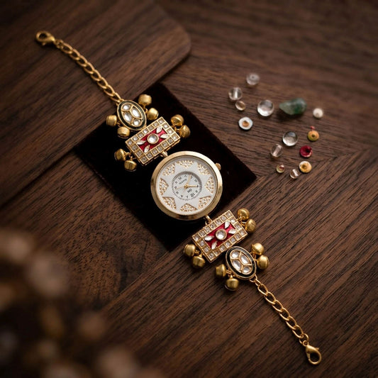 Red Color Gold Plated Kashmiri Kundan Watch for Girls & Women Royal Jewelry Finish