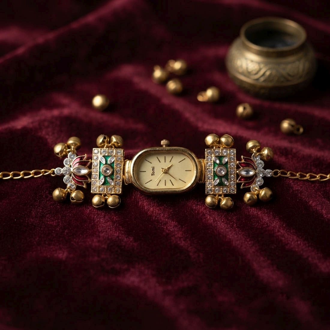 Green Color Gold Plated Kashmiri Kundan Watch for Girls & Women Graceful Fashion Appeal