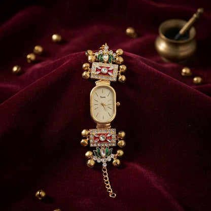 Red Color Gold Plated Kashmiri Kundan Watch for Girls & Women Premium Handmade Look