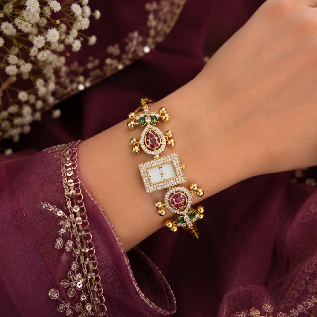 Multi Color Gold Plated Kashmiri Kundan Watch for Girls & Women Artistic Traditional Style