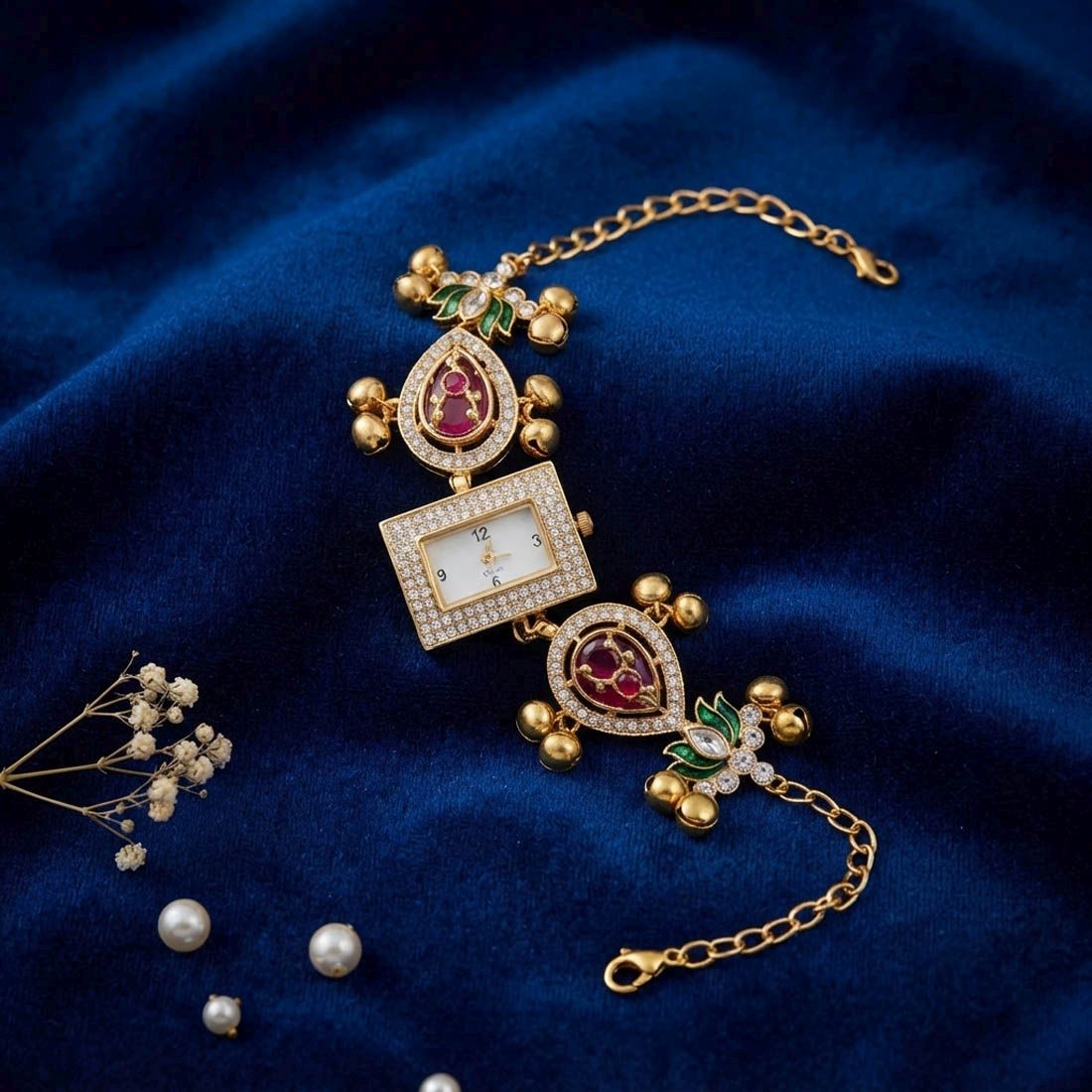 Multi Color Gold Plated Kashmiri Kundan Watch for Girls & Women Artistic Traditional Style