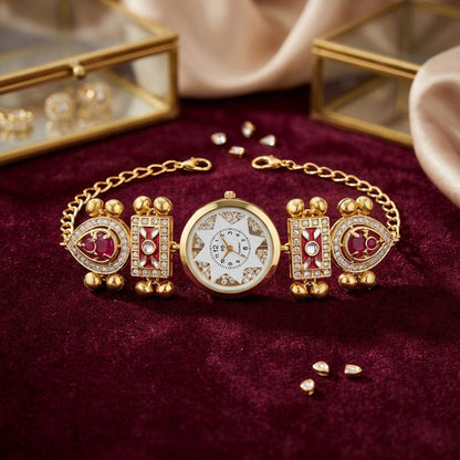 Maroon Color Gold Plated Kashmiri Kundan Watch for Girls & Women Elegant Designer Finish