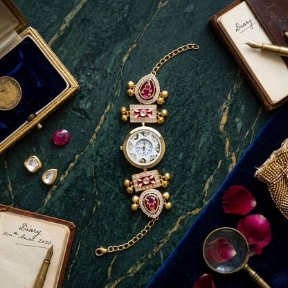 Maroon Color Gold Plated Kashmiri Kundan Watch for Girls & Women Elegant Designer Finish