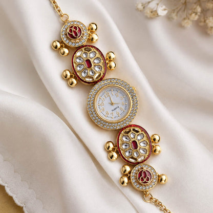 Maroon Color Gold Plated Kashmiri Kundan Watch for Girls & Women Classic Ethnic Appeal