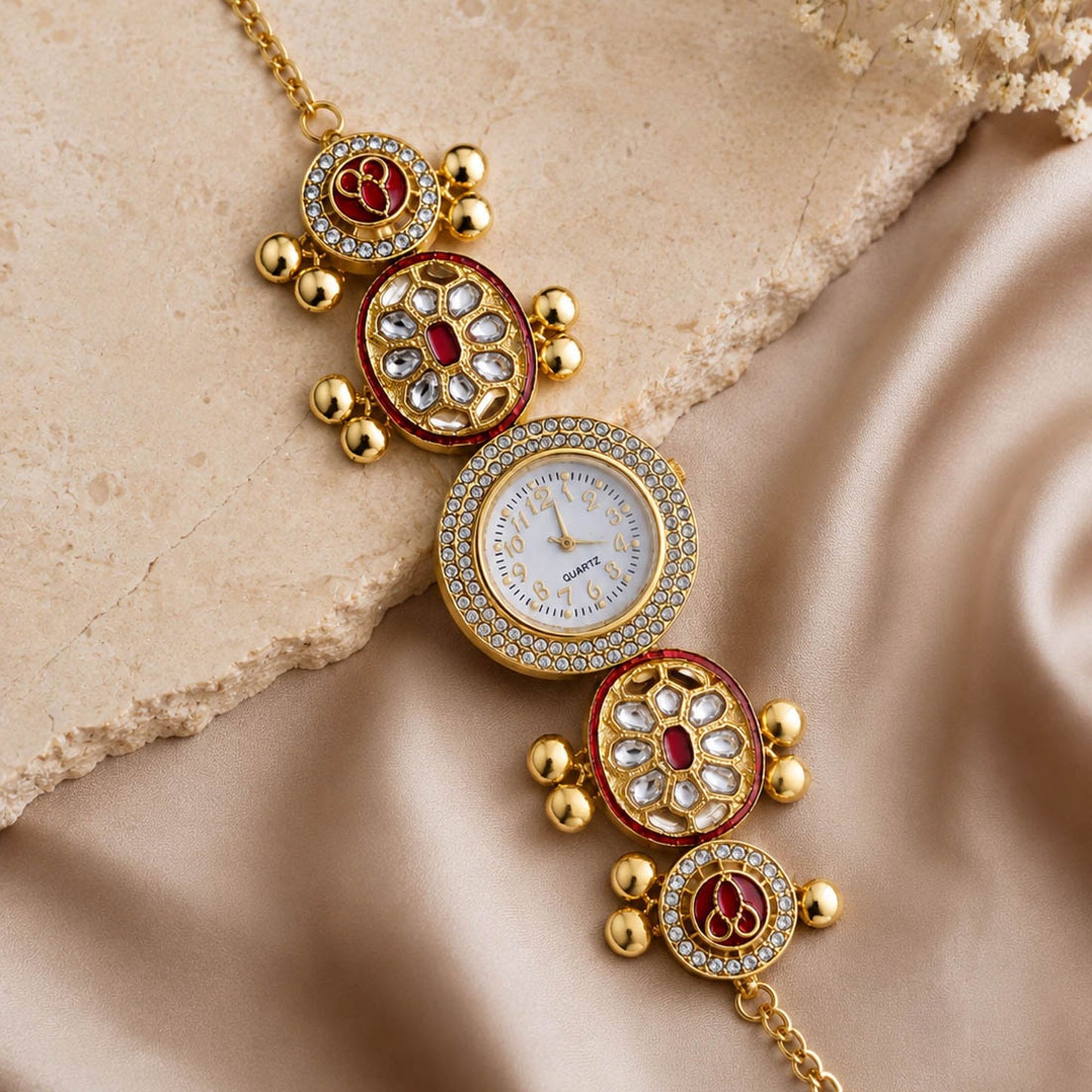Maroon Color Gold Plated Kashmiri Kundan Watch for Girls & Women Classic Ethnic Appeal