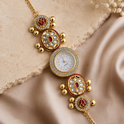 Maroon Color Gold Plated Kashmiri Kundan Watch for Girls & Women Classic Ethnic Appeal