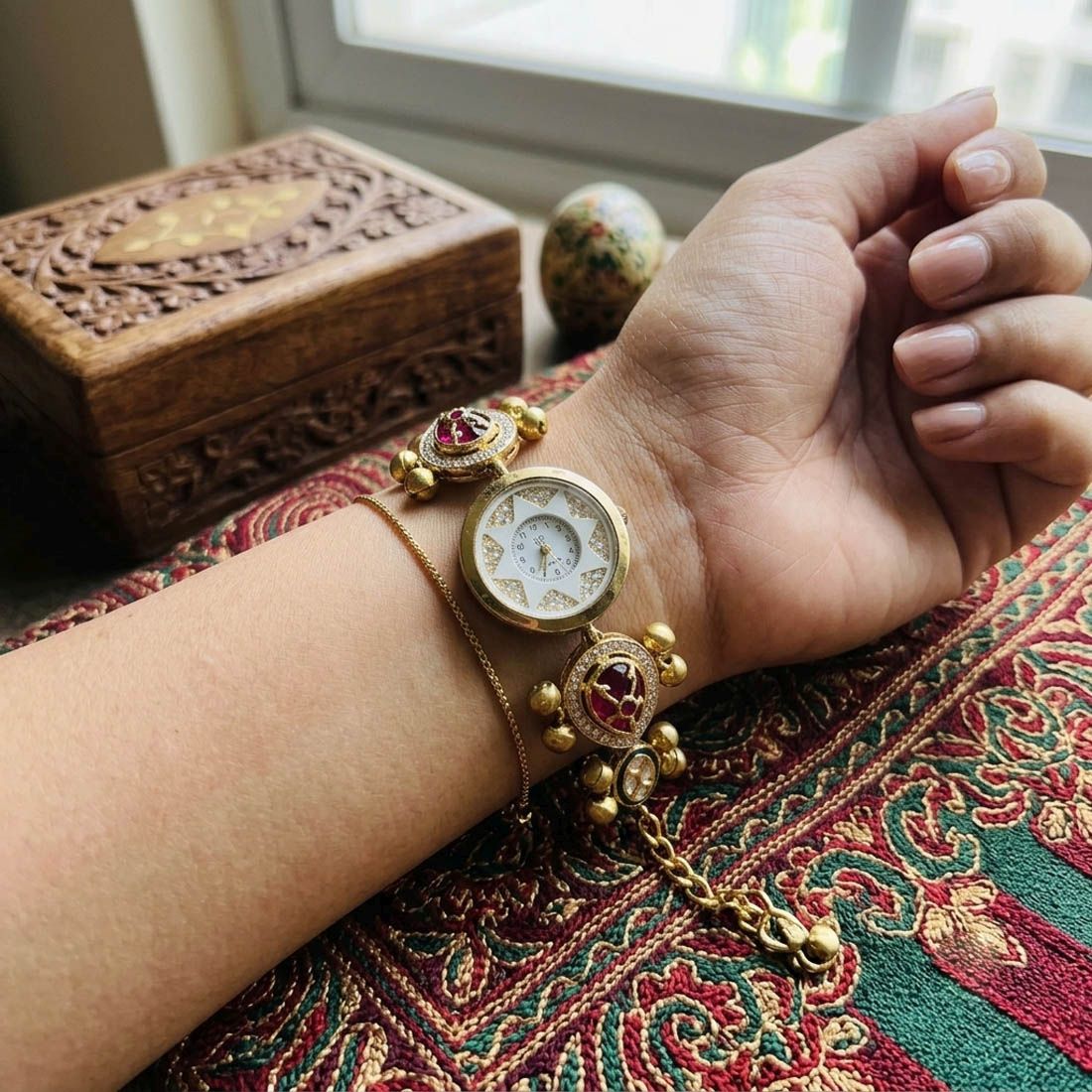 Maroon & Green Color Gold Plated Kashmiri Kundan Watch for Girls & Women Festive Style