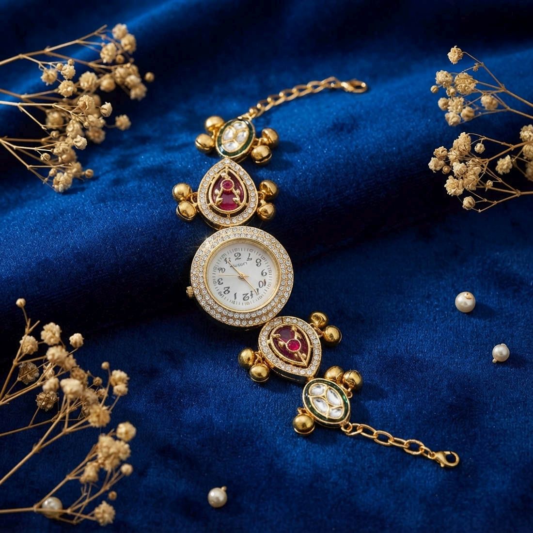 Maroon & Green Color Gold Plated Kashmiri Kundan Watch for Girls & Women Royal Design