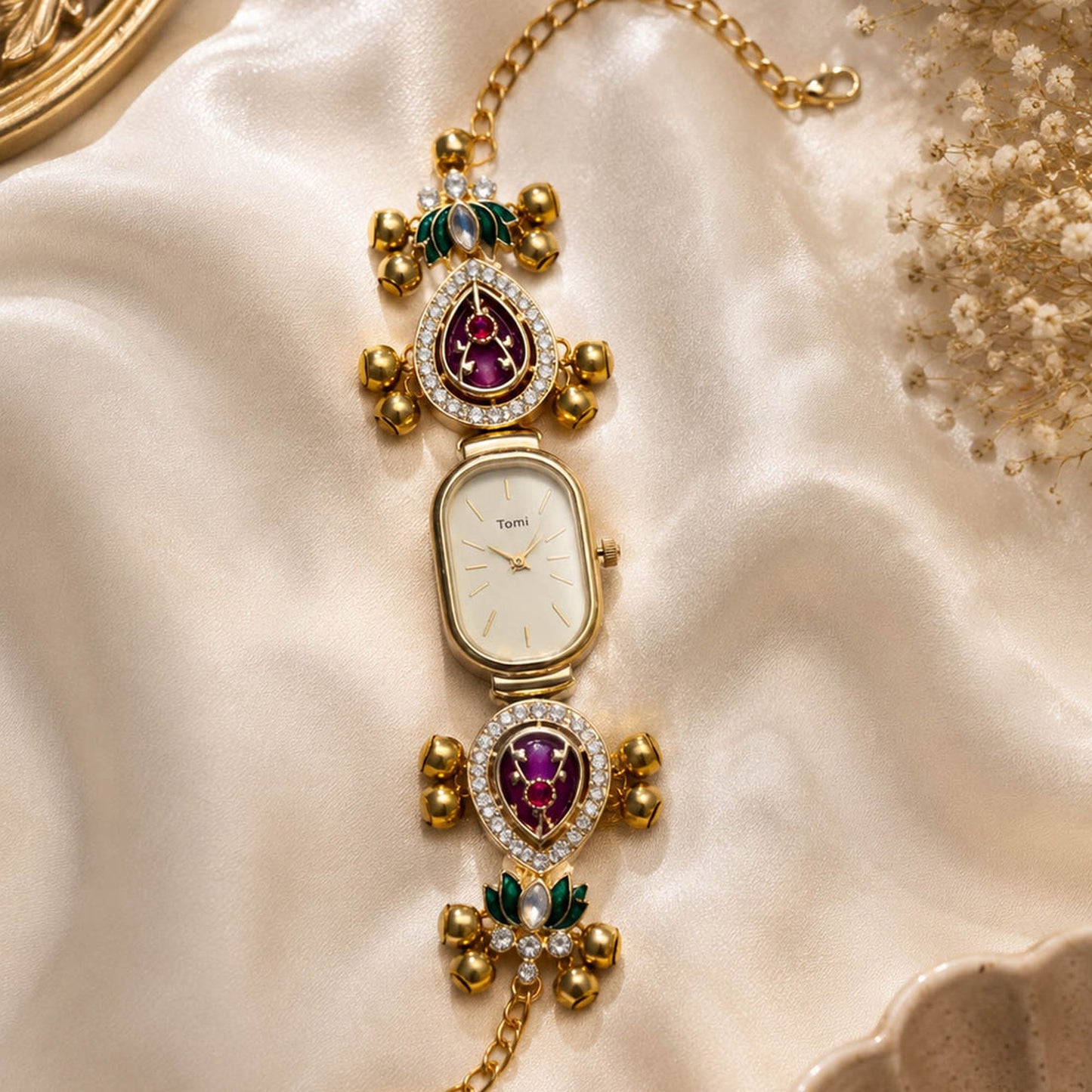 Maroon & Green Color Gold Plated Kashmiri Kundan Watch for Girls & Women Handmade Appeal