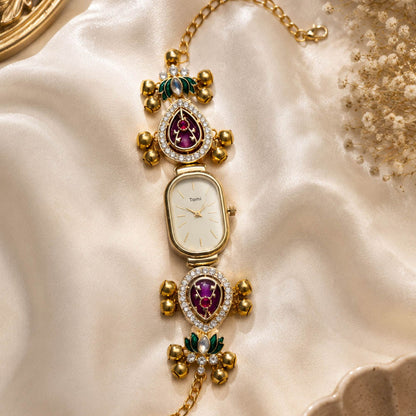Maroon & Green Color Gold Plated Kashmiri Kundan Watch for Girls & Women Handmade Appeal