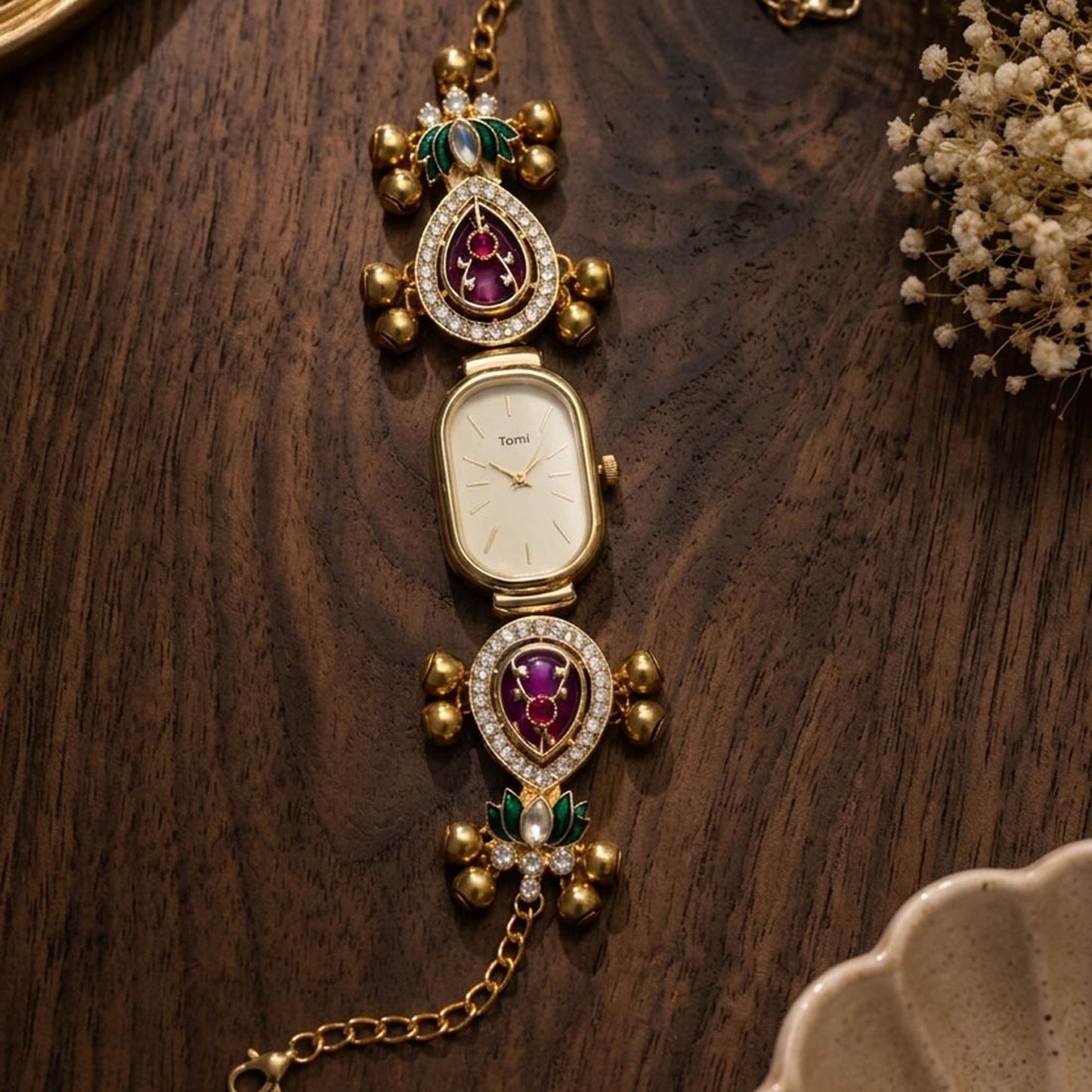 Maroon & Green Color Gold Plated Kashmiri Kundan Watch for Girls & Women Handmade Appeal
