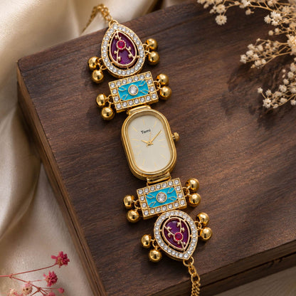 Maroon & Pista Green Color Gold Plated Kashmiri Kundan Watch for Girls & Women Designer Style