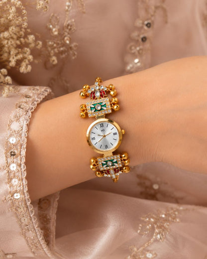 Green & Maroon Color Gold Plated Kashmiri Kundan Watch for Girls & Women Traditional Style