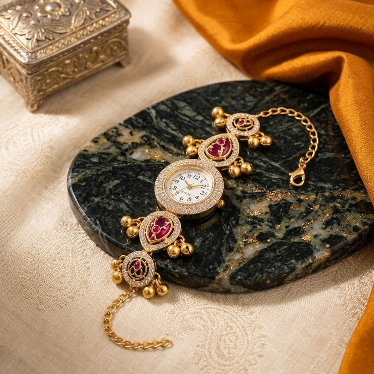 Maroon & Green Color Gold Plated Kashmiri Kundan Watch for Girls & Women Premium Ethnic Appeal
