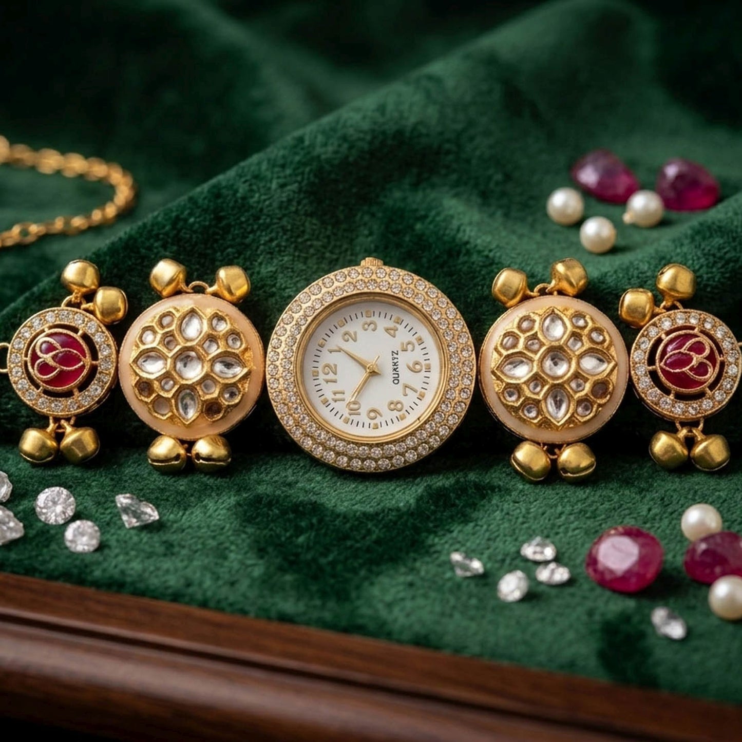 Maroon Color Gold Plated Kashmiri Kundan Watch for Girls & Women Royal Festive Style