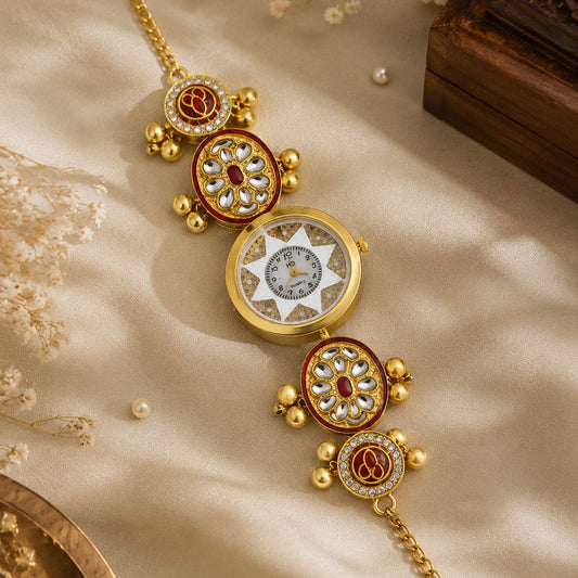 Maroon Color Gold Plated Kashmiri Kundan Watch for Girls & Women Beautiful Designer Appeal