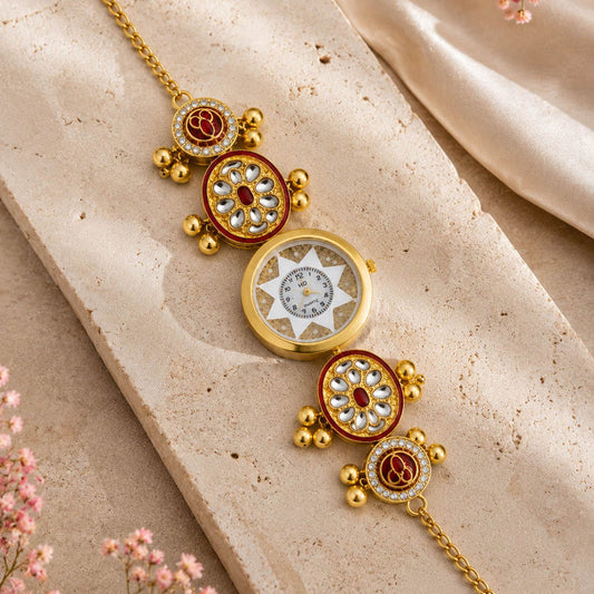 Maroon Color Gold Plated Kashmiri Kundan Watch for Girls & Women Beautiful Designer Appeal