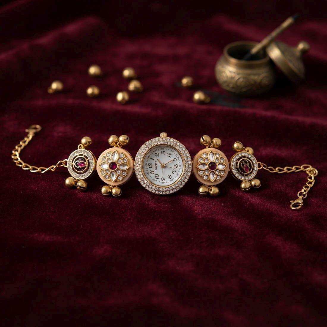 Maroon Color Gold Plated Kashmiri Kundan Watch for Girls & Women Traditional Fashion Style