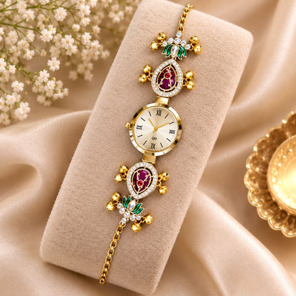 Maroon & Green Color Gold Plated Kashmiri Kundan Watch for Girls & Women Elegant Heritage Design