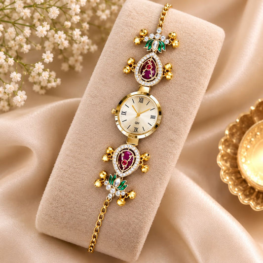 Maroon & Green Color Gold Plated Kashmiri Kundan Watch for Girls & Women Elegant Heritage Design