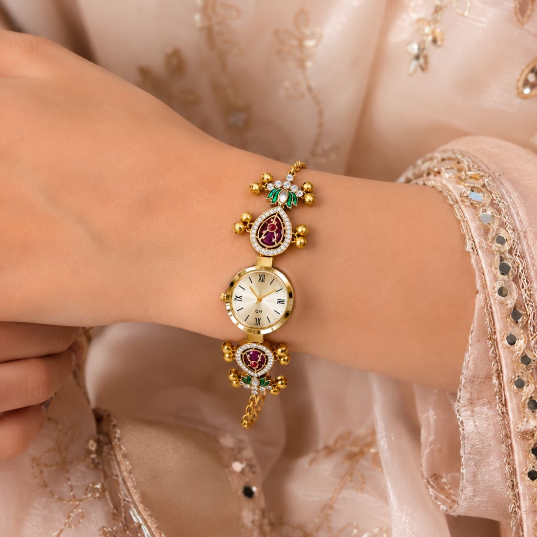 Maroon & Green Color Gold Plated Kashmiri Kundan Watch for Girls & Women Elegant Heritage Design