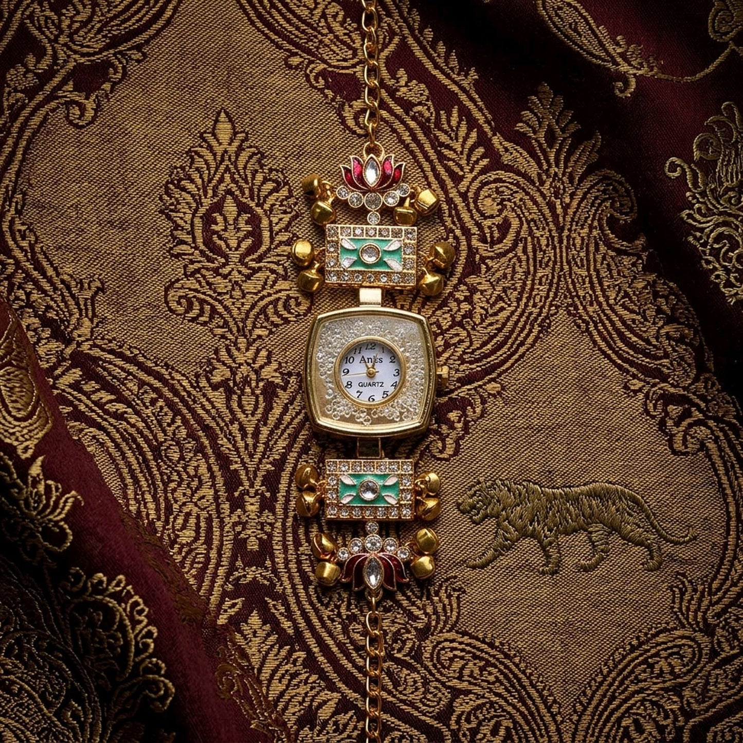 Pista Green Color Gold Plated Kashmiri Kundan Watch For Girls & Women Festive Appeal