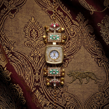 Pista Green Color Gold Plated Kashmiri Kundan Watch For Girls & Women Festive Appeal