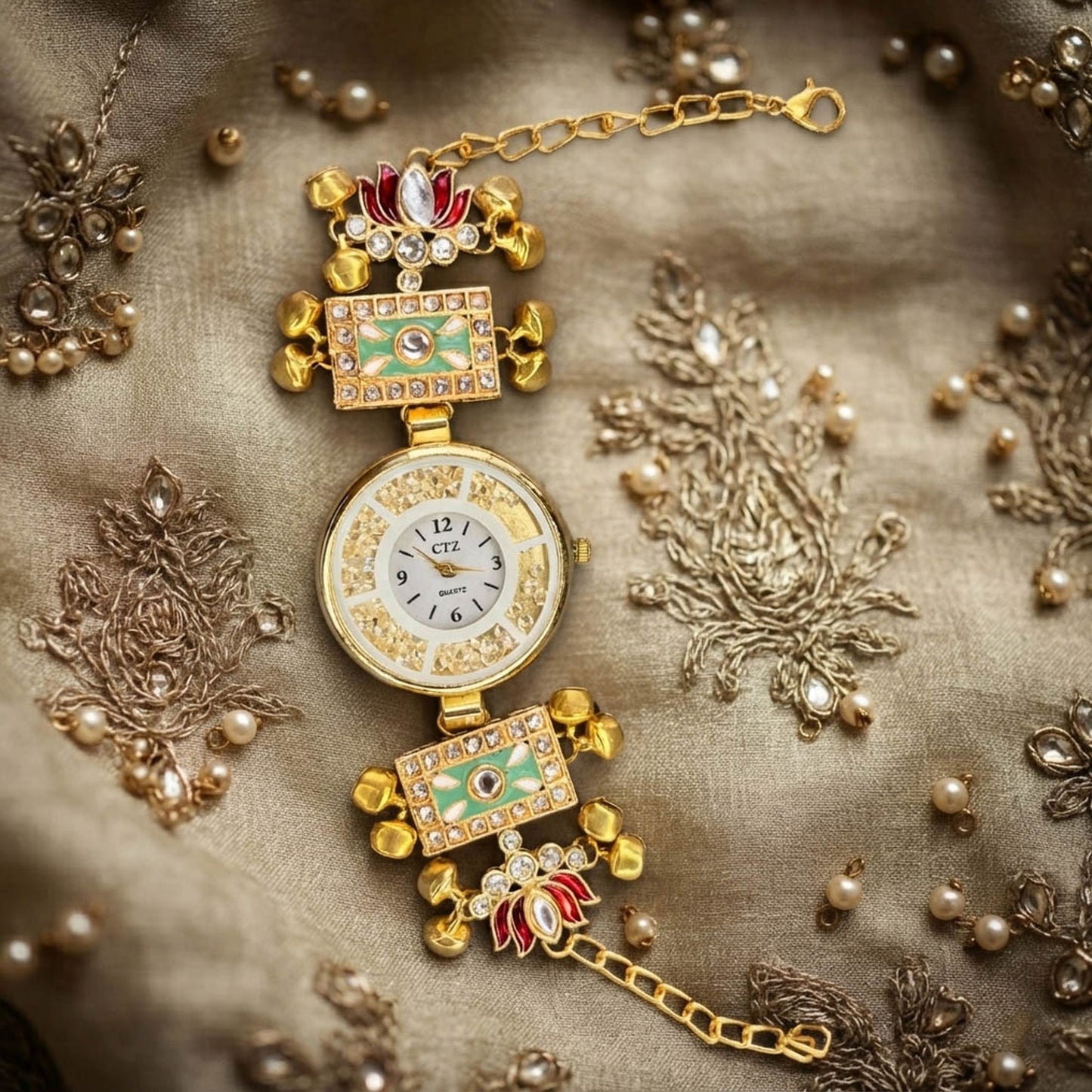 Pista Green & Maroon Color Gold Plated Kashmiri Kundan Watch For Girls & Women Traditional Style