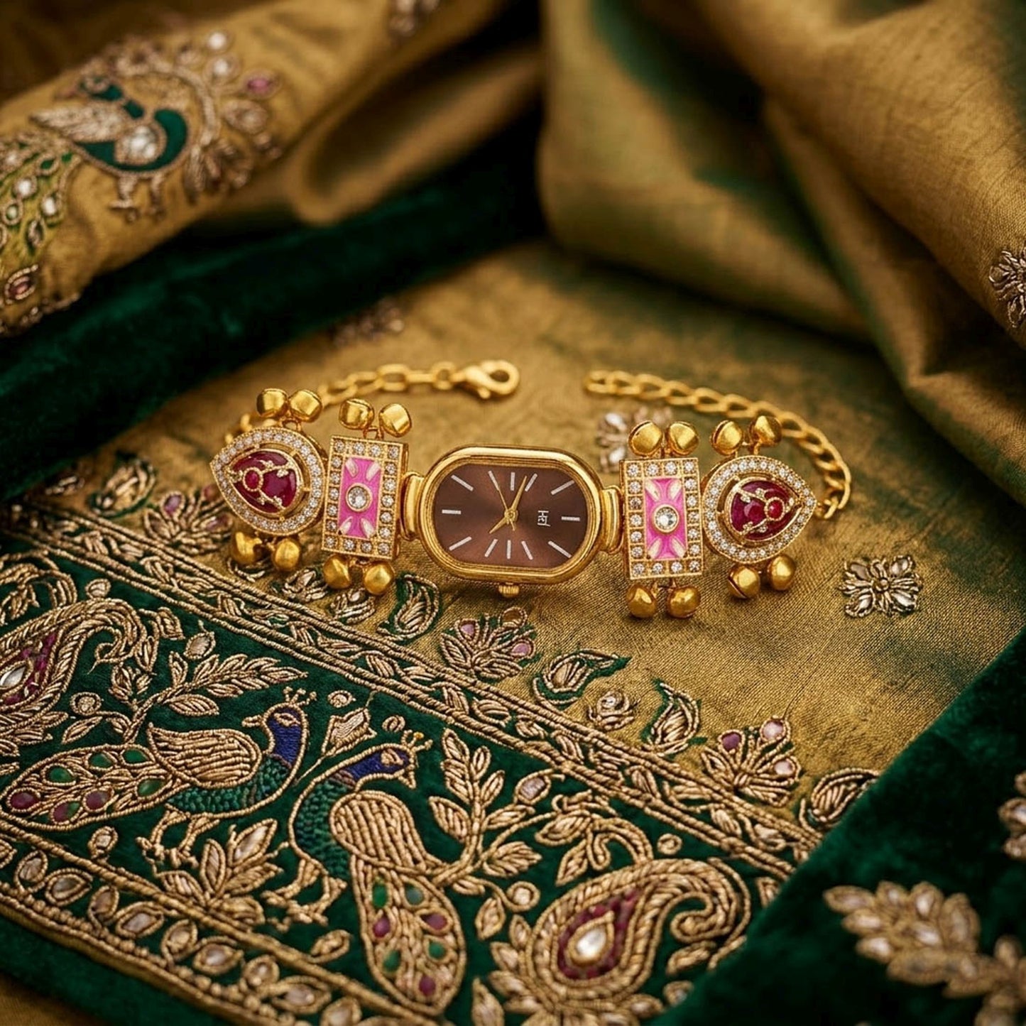 Pink & Maroon Color Gold Plated Kashmiri Kundan Watch For Girls & Women Designer Appeal