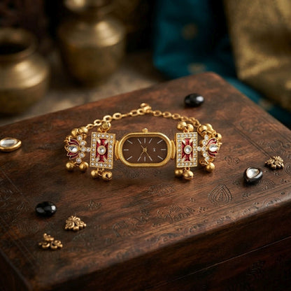 Maroon Color Gold Plated Kashmiri Kundan Watch For Girls & Women Royal Style