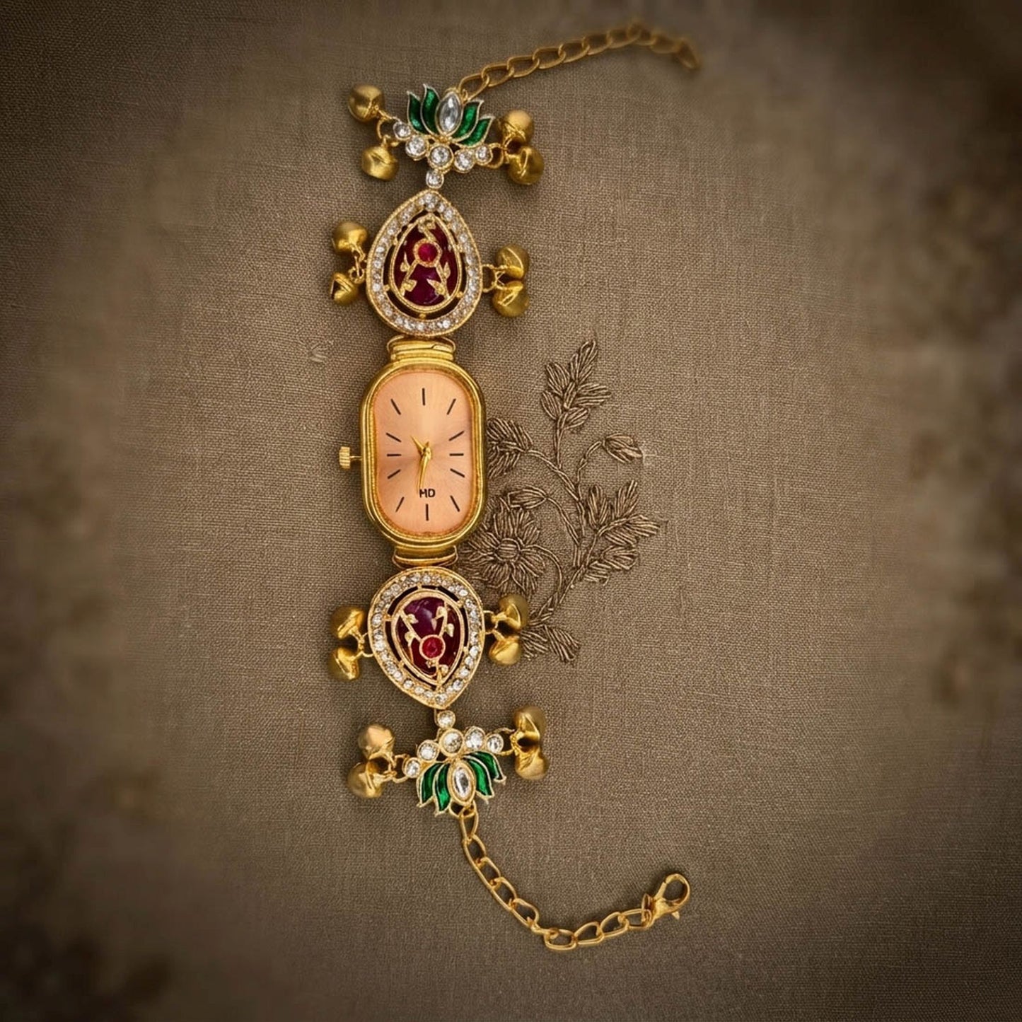 Maroon & Green Color Gold Plated Kashmiri Kundan Watch For Girls & Women Festive Design