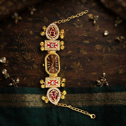 Maroon Color Gold Plated Kashmiri Kundan Watch For Girls & Women Traditional Fashion