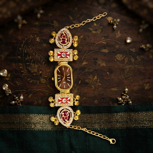 Maroon Color Gold Plated Kashmiri Kundan Watch For Girls & Women Traditional Fashion