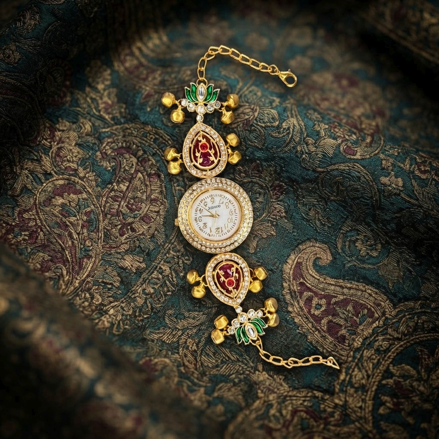 Maroon & Green Color Gold Plated Kashmiri Kundan Watch For Girls & Women Elegant Appeal