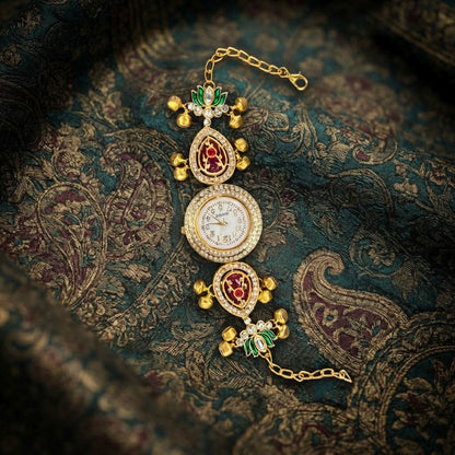 Maroon & Green Color Gold Plated Kashmiri Kundan Watch For Girls & Women Elegant Appeal