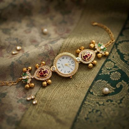 Maroon & Green Color Gold Plated Kashmiri Kundan Watch For Girls & Women Designer Style