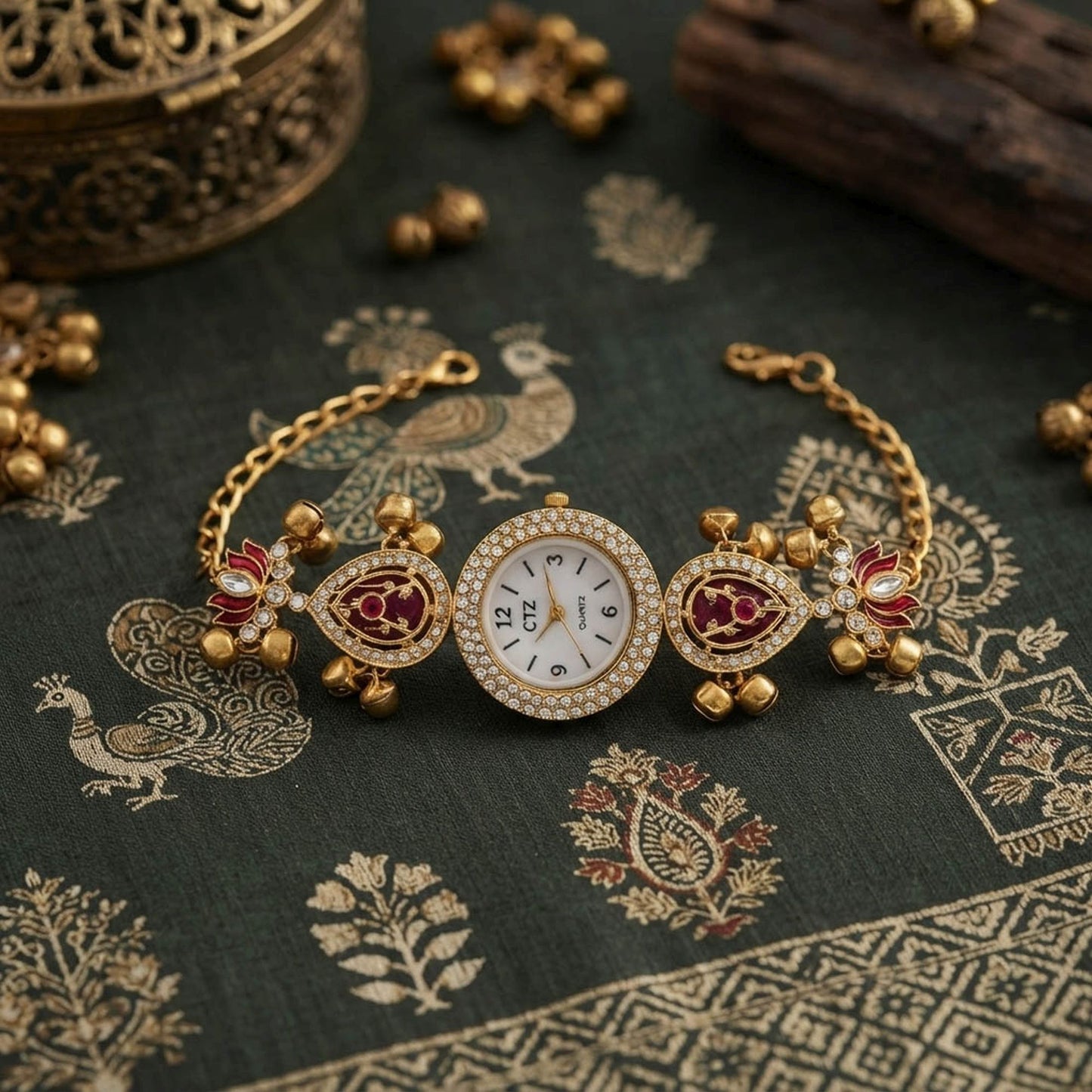 Maroon Color Gold Plated Kashmiri Kundan Watch For Girls & Women Festive Appeal