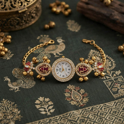 Maroon Color Gold Plated Kashmiri Kundan Watch For Girls & Women Festive Appeal