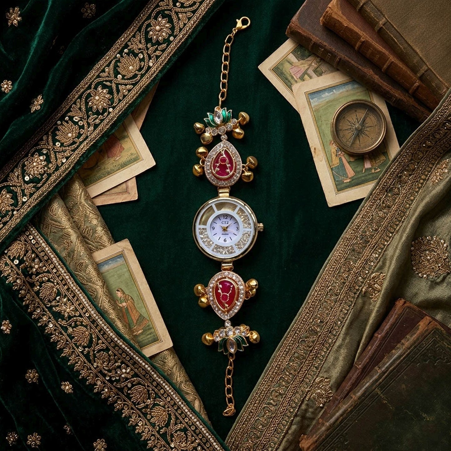 Maroon & Green Color Gold Plated Kashmiri Kundan Watch For Girls & Women Royal Design